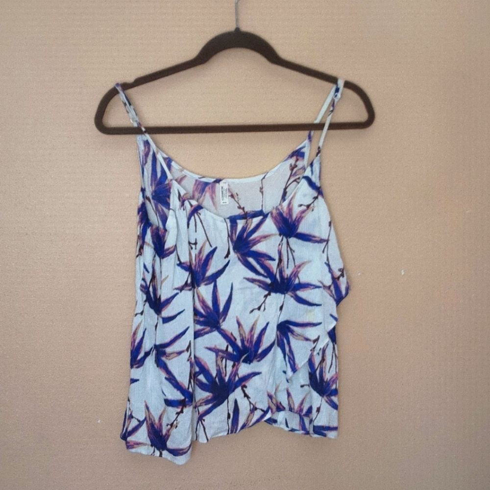 Free People White Blue Palm spaghetti strap adjustable strap flowy top XS